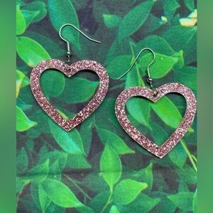 Hollow Pink Heart Glitter Bling Sequins Decor Dangle Earrings